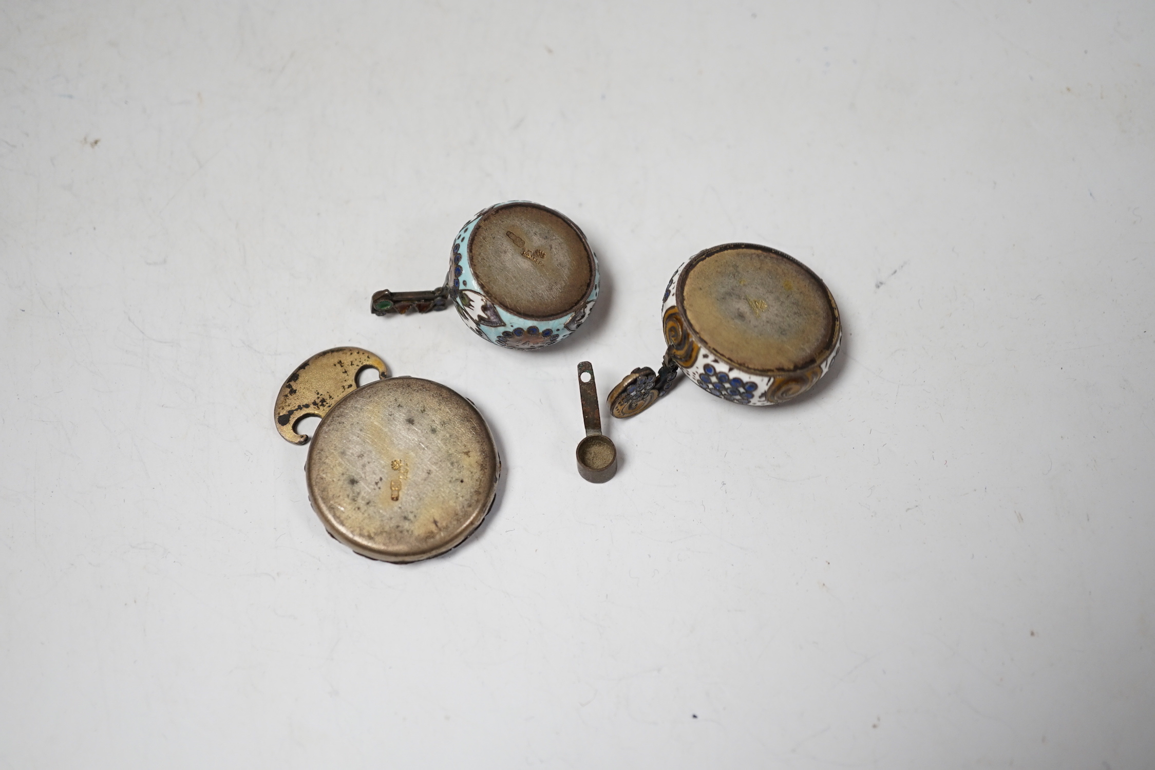 Three miniature late 19th/early 20th century Russian 88 zolotnik and cloisonné enamel single handled kovsh/dish